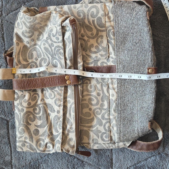 Myra Bag Cream and Gray Swirl Backpack Leather Cotton Western Boho Hippie Travel - Picture 12 of 12